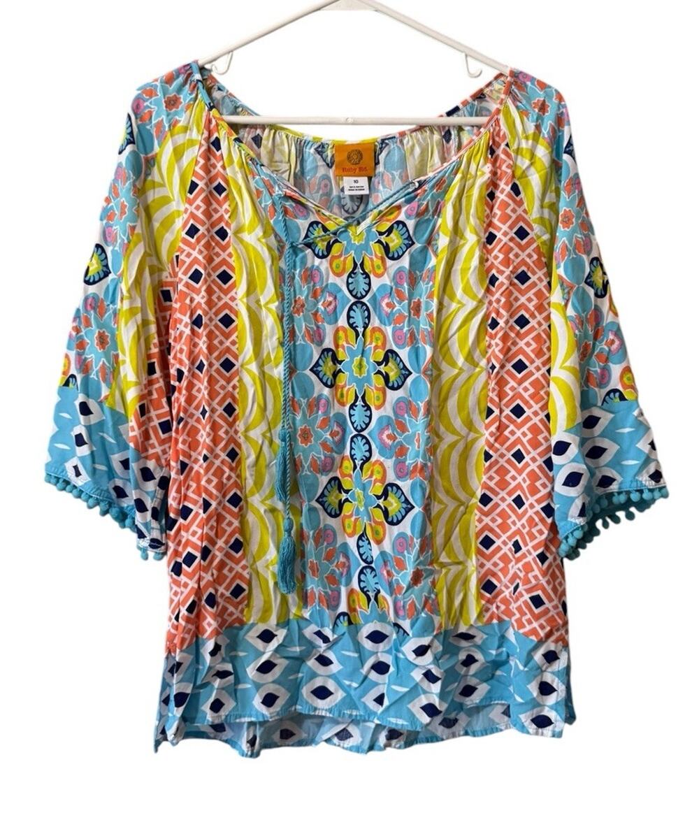 Ruby Rd. Women Size 10 Tassels Lightweight Flowing Blouse Shirt Top Rayon Summer